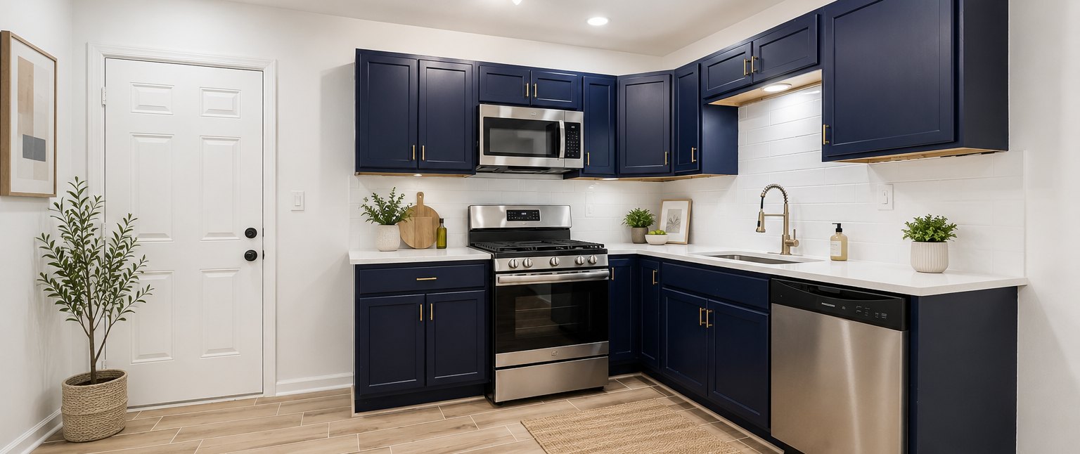Kitchen with navy cabinets and quartz counters